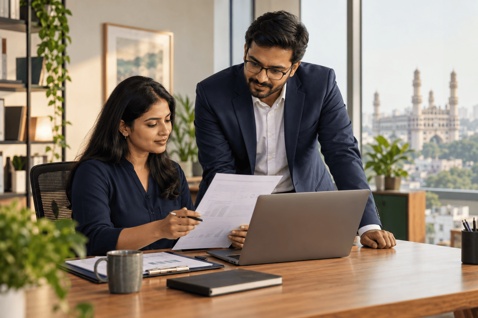 Illustration of payroll and compliance professionals reviewing documentation