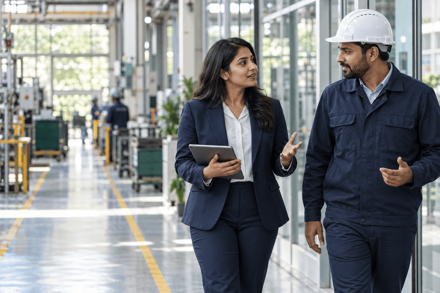Illustration of an operations professional collaborating with a manufacturing site manager